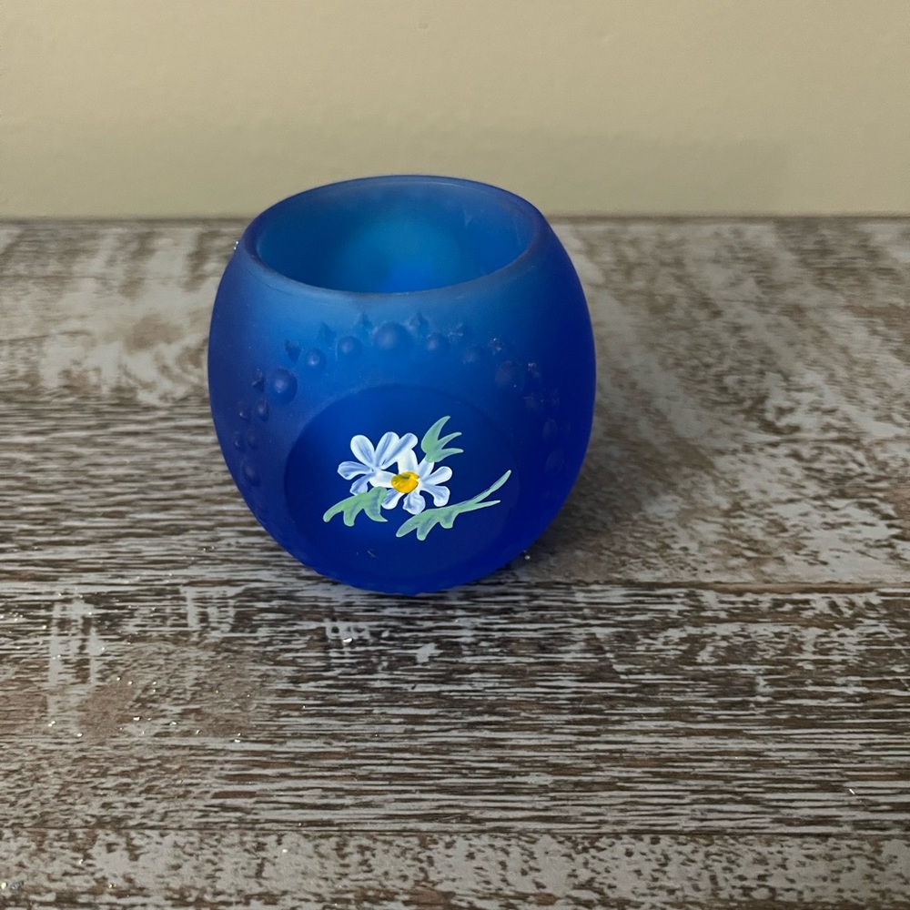 vintage cobalt blue frosted glass candle holder